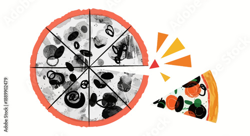 A pizza divided into six slices with toppings, next to kitchen utensils and ingredients on a clean surface, viewed from directly above.