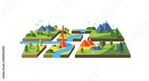 Eco friendly landscape with mountains rivers and trees