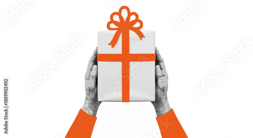 Hands holding a gift box with an orange ribbon, presenting a surprise from behind