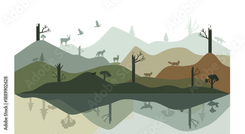 Ecosystem Landscape with Animals and Trees