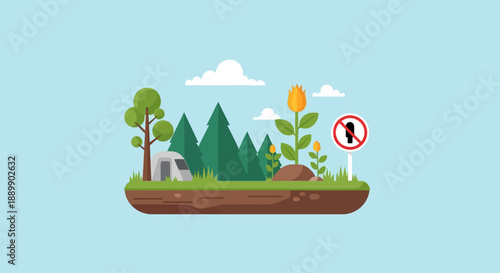 Camping forbidden sign in nature reserve with tent