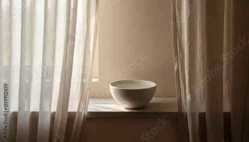 Serene white bowl on windowsill with sheer curtains