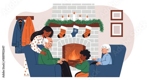 Family gathered around a cozy fireplace, enjoying a warm and intimate moment together on a winter evening, relaxed atmosphere, illustration