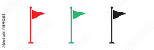 Set of three simple flag icons representing a red flag, a green flag, and a black flag, all isolated on a clean white background.