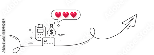 Payment line icon. Continuous line with share plane. Credit card money sign. Finance transfer symbol. Hearts rate review in speech bubble. Payment single line ribbon. Loop curve pattern. Vector
