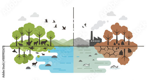 Environmental Impact Comparison Healthy Ecosystem vs Pollution