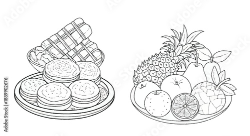 Plates of Cookies and Fresh Fruit on Table pineapple pear watermelon