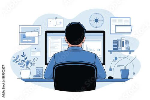 A man sitting at a desk with two computer monitors and various office supplies around him.