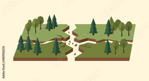 Broken landscape with trees and river