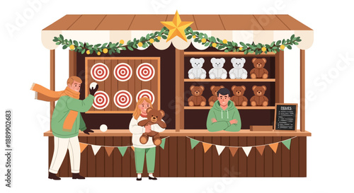 People enjoying a festive carnival stall, playing games and buying treats outside a vibrant fair stall