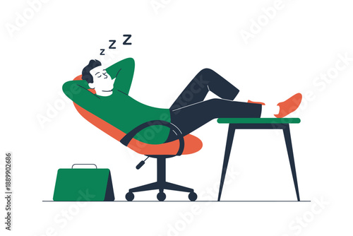 A man is sleeping in an office chair with his feet on a desk next to a briefcase.