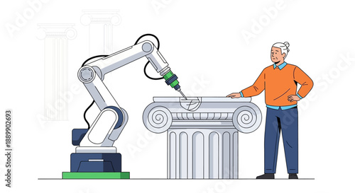 Man standing beside robotic arm working on classical column illustration