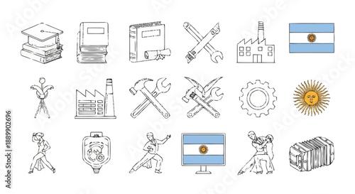 Of books tools factory flag and workers in industrial setting
