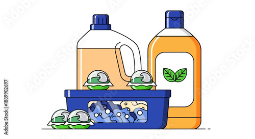 Cleaning products and supplies arranged on a table with bottles and a basket