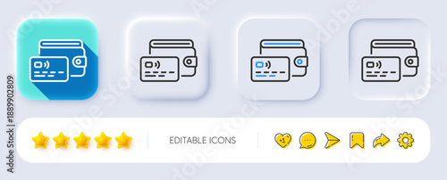 Wallet line icon. Neumorphic, Flat shadow, 3d buttons. Money purse with credit card sign. Cash budget symbol. Line wallet icon. Social media icons. Vector