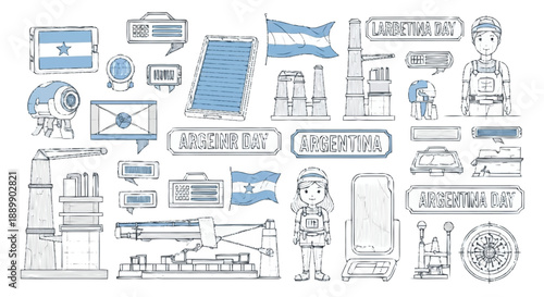 Of Argentina Day with industrial and children in uniforms machinery