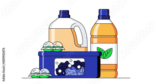 Cleaning supplies and household items arranged neatly on a surface, viewed from the front.