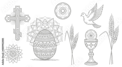 Black and white of religious symbols and cross dove wheat
