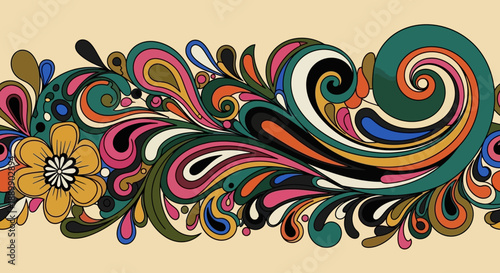 Vibrant floral illustration with swirling patterns and a blooming flower viewed from directly above in a creative workspace during January work session