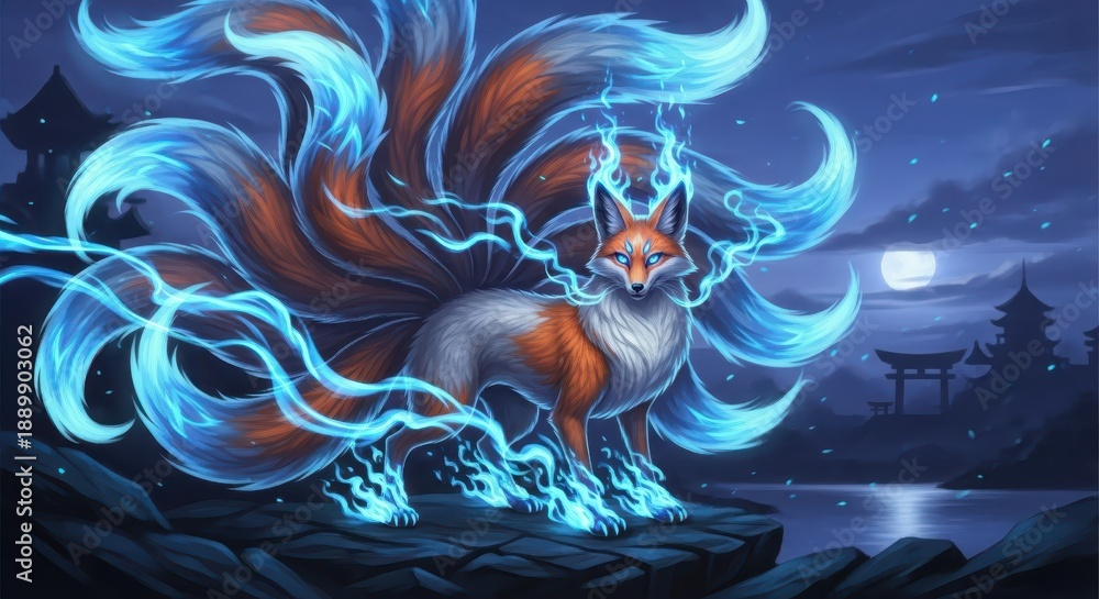 Fototapeta premium Mythical many tailed fox creature emanates bright blue energy under a full moon