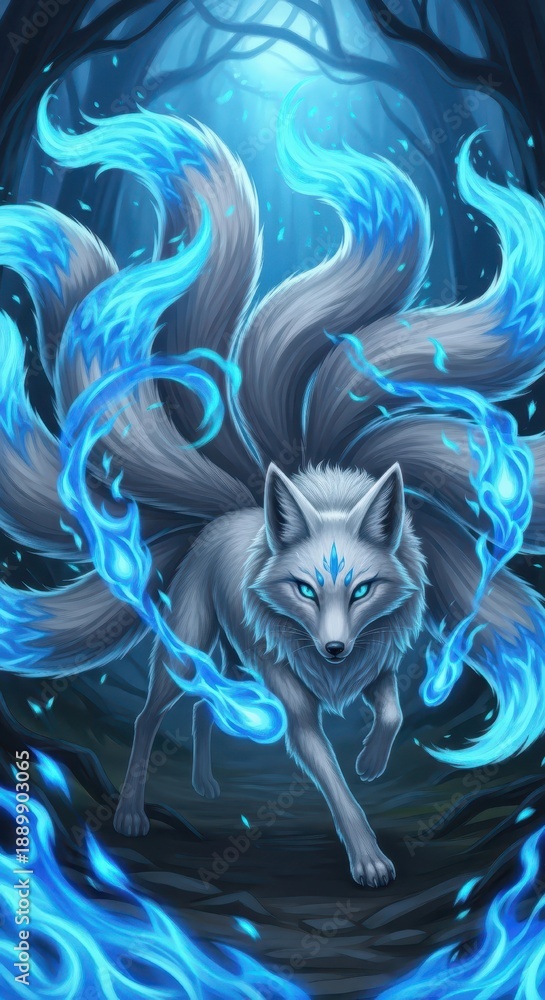 Fototapeta premium Mythical creature with multiple tails emanating bright blue flame walks through a dark forest.