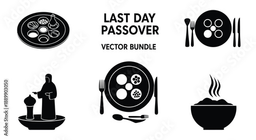 Black and white Passover Seder plate with traditional and utensils Jewish holiday