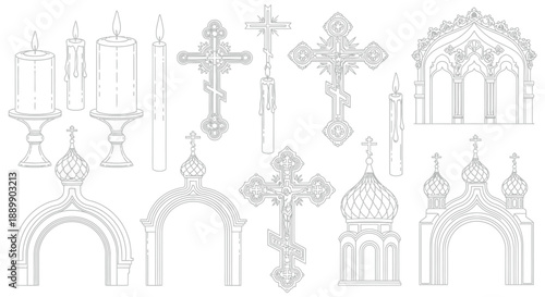 Collection of religious symbols and architectural in black and white line crosses