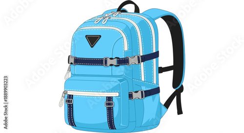 A blue backpack with multiple pockets and straps, perfect for travel or school, viewed from the front.