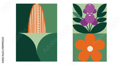 Illustration of corn and flowers in a garden setting from a direct viewpoint