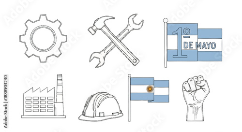 Of industrial symbols and tools with Argentine flag and raised fist hammer wrench
