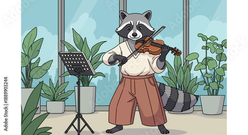 Raccoon playing violin in a room surrounded by plants and music stand