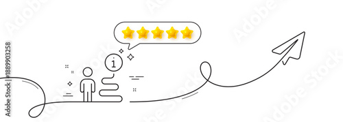 Support line icon. Continuous line with share plane. Help information sign. Info path symbol. Five star rate review in speech bubble. Support single line ribbon. Loop curve pattern. Vector