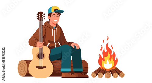 Man sitting on log with guitar near campfire in forest, viewed from side