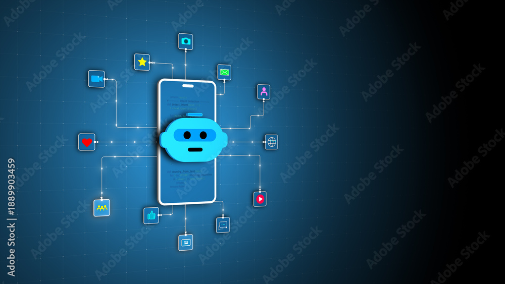 Naklejka premium AI chatbot automation system managing social media communication and digital network technology