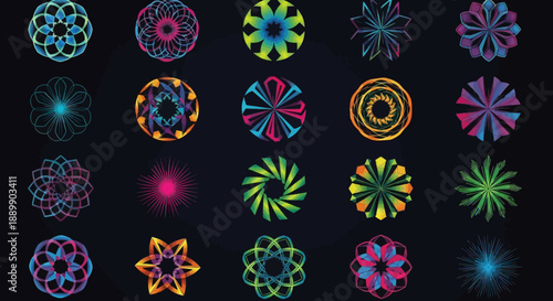 Collection of vibrantly colored kaleidoscopic floral designs against a dark backdrop showcasing