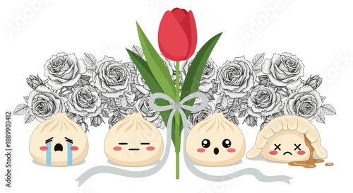 Cartoon dumplings with various emotional expressions surrounded by flowers and a tulip