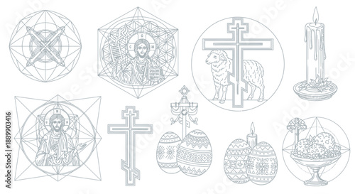 Collection of religious symbols and in black and white line black and white cross