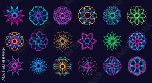 Collection of colorful ornamental floral fractals on a dark background for graphic design projects