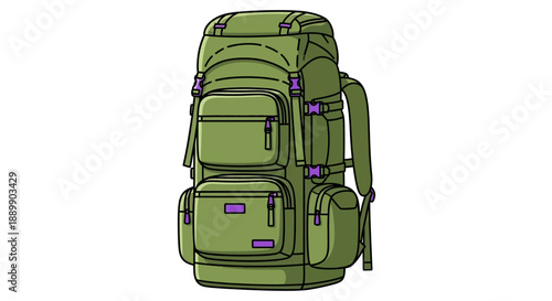 Illustration of a large green backpack with multiple pockets and purple accents, viewed from the front