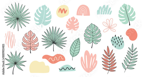 Pastel tropical foliage pattern design in soft colors with various leaf types and organic shapes