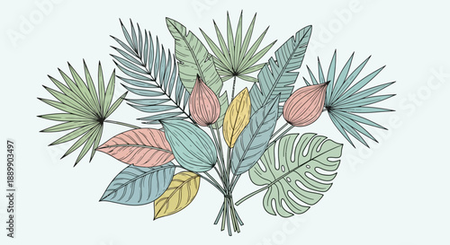 Elegant botanical drawing with palm fronds and tropical foliage in a muted color palette