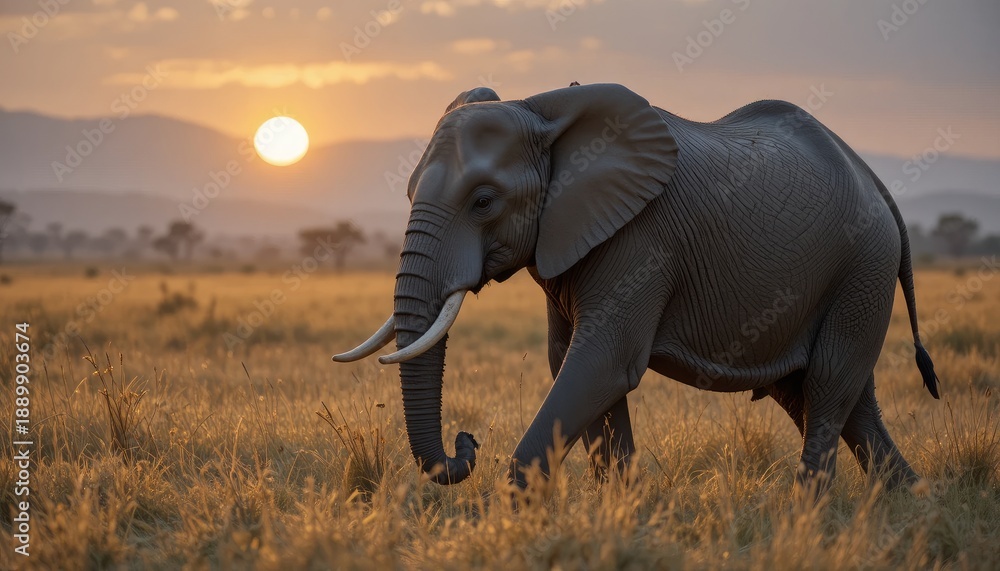 Fototapeta premium Large elephant walking through savannah during sunset with mountains in background