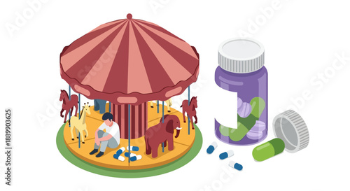 Overdose risk at merry-go-round with scattered medication and empty bottle nearby
