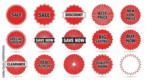 Dynamic red promotional badges collection showcasing sales discounts and limited-time offer