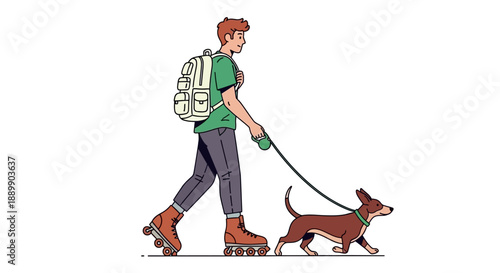 Man on Rollerblades Walks Dog in Urban Environment, Side View Illustration