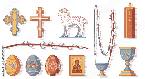 Colorful religious and symbols including crosses, lamb, eggs, and candle religious crosses