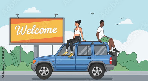 Couple enjoying a ride on a blue SUV with a welcome sign on the roadside