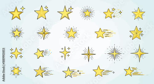 Collection of hand drawn gold stars with decorative elements and celestial sparkle