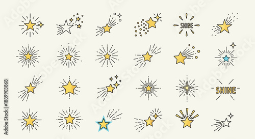 Collection of stylized cosmic stars for festive design with shine effects and trails