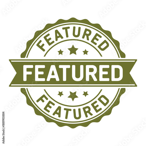 A circular olive green featured badge with stars and a banner